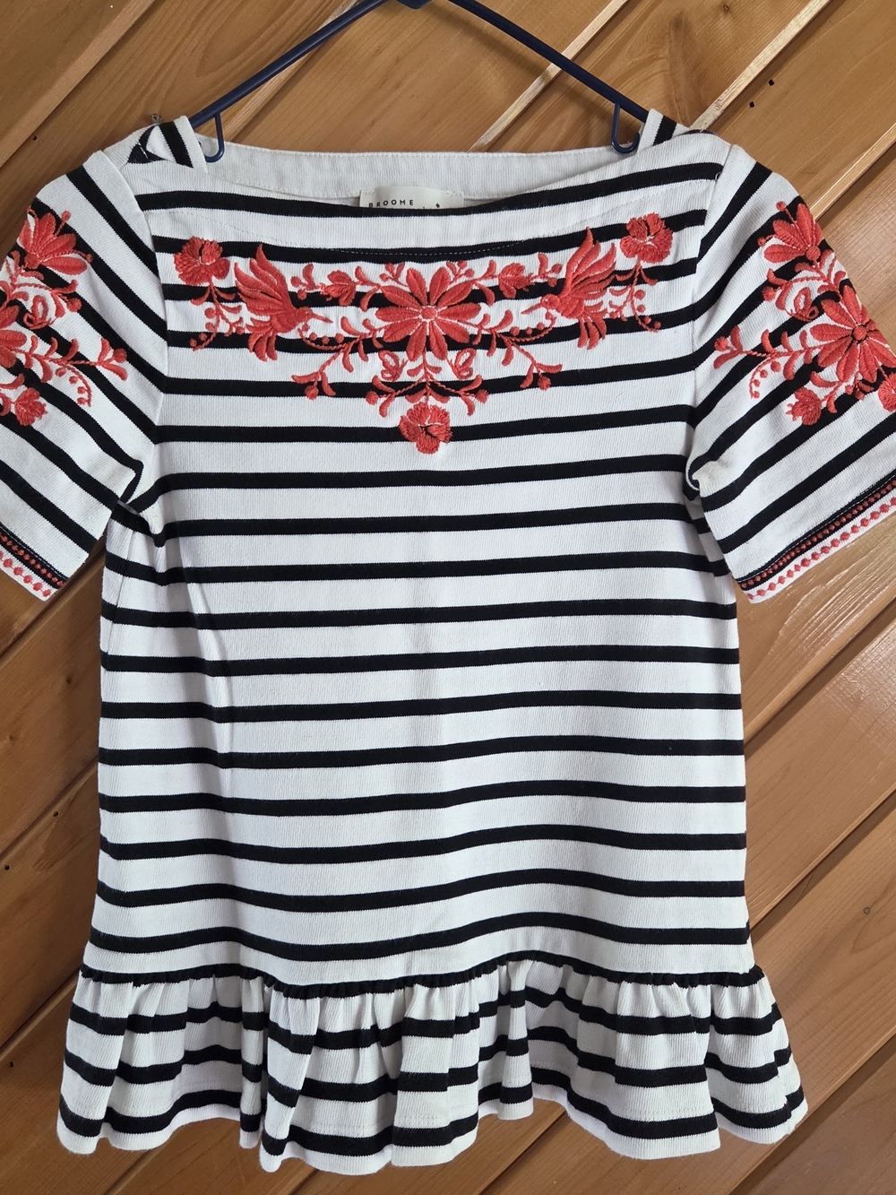 kate spade Black & White Striped Peplum Top with Red Floral Embroidery